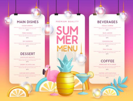 Téléchargez les illustrations : Restaurant design de menu d'été avec cocktail en plastique 3D, ananas et flamant rose. Illustration vectorielle - en licence libre de droit