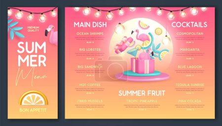 Illustration for Restaurant summer menu design with 3D plastic cocktail, tropic fruits and flamingo. Vector illustration - Royalty Free Image