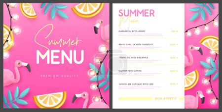 Ilustración de Restaurante de diseño de menú de verano con hojas de palma de plástico 3D, frutas tropicales y flamenco. Ilustración vectorial - Imagen libre de derechos