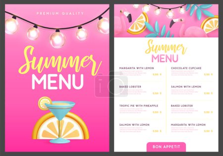 Téléchargez les illustrations : Restaurant design de menu d'été avec cocktail en plastique 3D, tropique f - en licence libre de droit