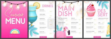 Ilustración de Restaurante de diseño de menú de verano con cóctel de plástico 3D, frutas tropicales y flamenco. Ilustración vectorial - Imagen libre de derechos