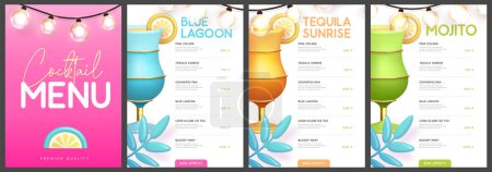 Téléchargez les illustrations : Restaurant design de cocktails d'été avec des cocktails en plastique 3D, des fruits tropicaux et des feuilles de palmier. Illustration vectorielle - en licence libre de droit