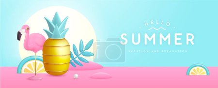 Illustration for Summer poster with 3D plastic pineapple,tropic leaves and flamingo. Summer background. Vector illustration - Royalty Free Image
