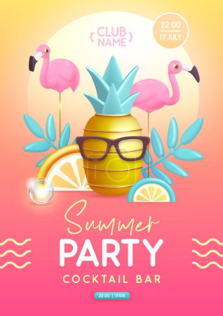 Illustration for Summer disco party typography poster with 3D plastic pineapple, flamingo and tropic fruits. Vector illustration - Royalty Free Image