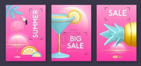 Illustration for Set of summer big sale modern covers with 3d plastic pineapple, flamingo and cocktail. Summer background. Vector illustration - Royalty Free Image