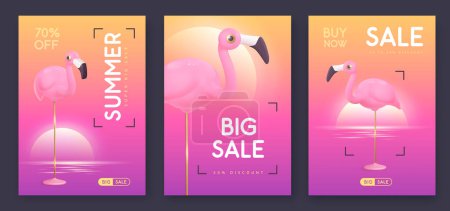 Illustration for Set of summer big sale modern covers with 3d plastic flamingo and ocean landscape. Summer background. Vector illustration - Royalty Free Image