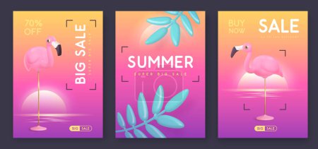 Illustration for Set of summer big sale modern covers with 3d plastic flamingo and tropic leaves. Summer background. Vector illustration - Royalty Free Image