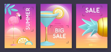 Illustration for Set of summer big sale modern covers with 3d plastic pineapple, flamingo and cocktail. Summer background. Vector illustration - Royalty Free Image