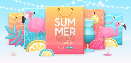 Ilustración de Cartel de gran venta de verano con flamenco de plástico 3d, cóctel y bolsa de compras. Fondo de verano. Ilustración vectorial - Imagen libre de derechos