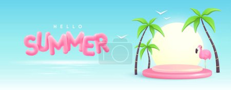 Téléchargez les illustrations : Fond d'été avec texte en plastique 3D, palmiers et flamants roses. Bonjour affiche d'été. Illustration vectorielle - en licence libre de droit