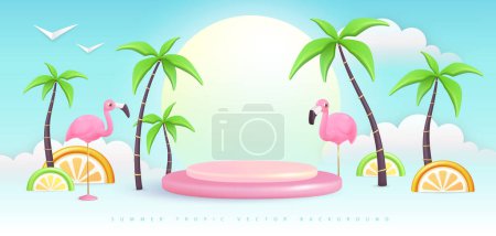 Téléchargez les illustrations : Fond d'été avec des fruits tropiques en plastique 3D, des palmiers et des flamants roses. Illustration vectorielle - en licence libre de droit