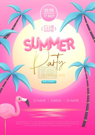 Illustration for Summer disco party poster with 3D plastic text, palm trees and flamingo. Summer background. Vector illustration - Royalty Free Image