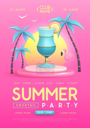 Illustration for Summer cocktail disco party poster with 3D plastic cocktail, palm trees and flamingo. Vector illustration - Royalty Free Image