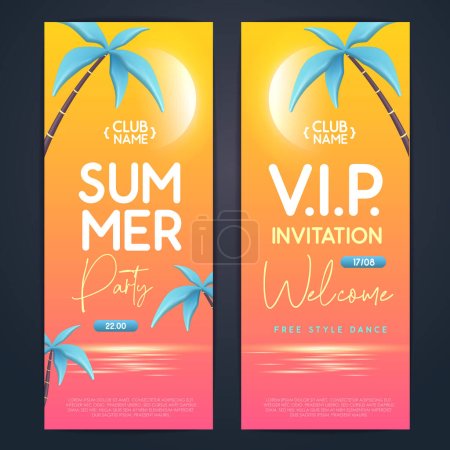 Téléchargez les illustrations : Affiche de typographie de fête de disco d'été avec palmiers en plastique 3D et paysage tropique. Invitation design. Illustration vectorielle - en licence libre de droit