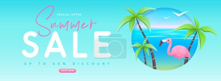 Illustration for Summer big sale banner with 3d plastic flamingo and palm trees. Summer background. Vector illustration - Royalty Free Image