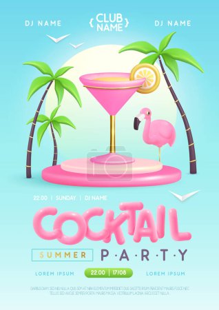 Téléchargez les illustrations : Cocktail d'été affiche de fête disco avec 3D en plastique cosmopolite cocktail, palmiers et flamant rose. Illustration vectorielle - en licence libre de droit