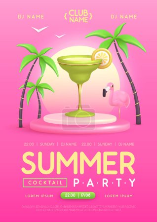 Téléchargez les illustrations : Cocktail d'été affiche de fête disco avec 3D cocktail de margarita en plastique, palmiers et flamants roses. Illustration vectorielle - en licence libre de droit