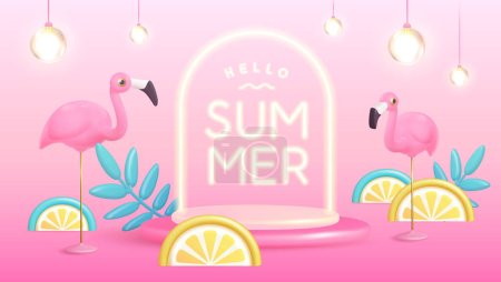 Illustration for Hello Summer poster with 3D plastic tropic fruits, leaves, flamingo and neon text. Summer background. Vector illustration - Royalty Free Image