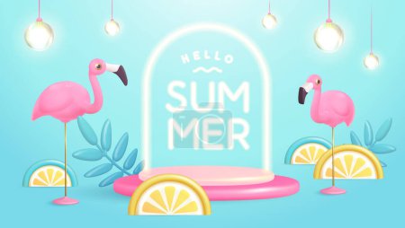 Illustration for Hello Summer poster with 3D plastic tropic fruits, leaves, flamingo and neon text. Summer background. Vector illustration - Royalty Free Image