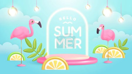 Téléchargez les illustrations : Bonjour affiche d'été avec des fruits tropiques en plastique 3D, feuilles, flamant rose et texte néon. Fond estival. Illustration vectorielle - en licence libre de droit