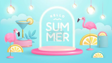 Téléchargez les illustrations : Bonjour affiche d'été avec des fruits tropiques en plastique 3D, cocktail, flamant rose et texte néon. Fond estival. Illustration vectorielle - en licence libre de droit