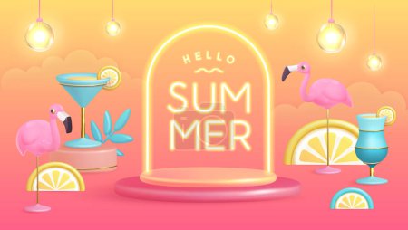 Ilustración de Hola cartel de verano con frutas tropicales de plástico 3D, cóctel, flamenco y texto de neón. Fondo de verano. Ilustración vectorial - Imagen libre de derechos