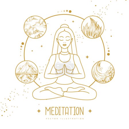 Téléchargez les illustrations : Méditation jeune femme en position lotus avec les quatre éléments. Illustration vectorielle - en licence libre de droit