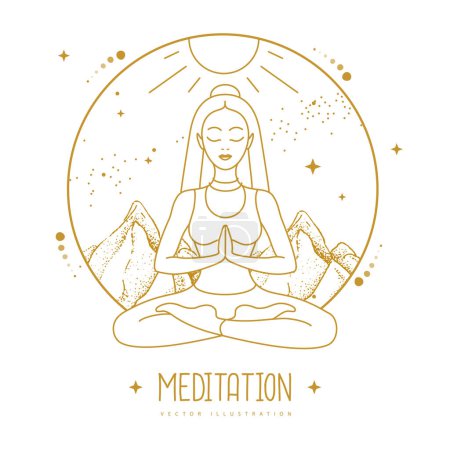 Téléchargez les illustrations : Jeune femme méditation en position lotus dans les montagnes avec un ciel étoilé. Illustration vectorielle - en licence libre de droit