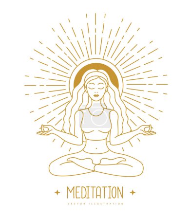 Illustration for Young Woman meditation in lotus position at the sun dawn. Sun astrology sign. Vector illustration - Royalty Free Image