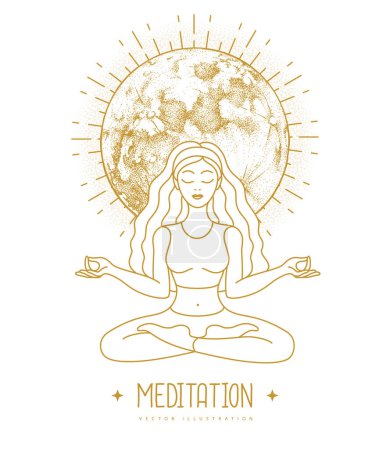 Ilustración de Mujer joven meditación en posición de loto con luna llena. Signo astrológico lunar. Ilustración vectorial - Imagen libre de derechos