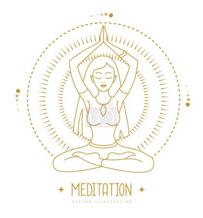 Ilustración de Mujer joven meditación en posición de loto en los rayos del sol naciente. Signo de astrología solar. Ilustración vectorial - Imagen libre de derechos