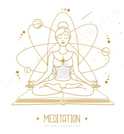 Illustration for Young woman meditation in lotus position on outer space background. Vector illustration - Royalty Free Image