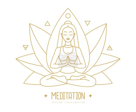 Téléchargez les illustrations : Méditation jeune femme en position lotus avec quatre éléments et éther. Signe de fleur de lotus. Illustration vectorielle - en licence libre de droit