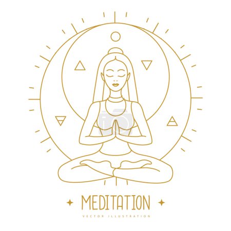Illustration for Young Woman meditation in lotus position in the rays of the rising sun. Sun and moon astrology sign. Vector illustration - Royalty Free Image