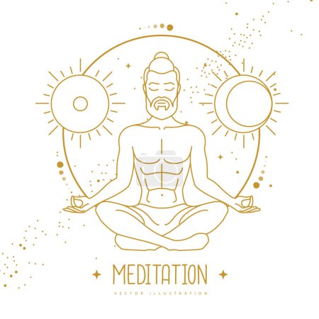 Illustration for Handsome man meditation in lotus position with astrology sun and moon sign. Vector illustration - Royalty Free Image