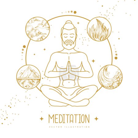 Illustration for Handsome man meditation in lotus position with the four elements. Vector illustration - Royalty Free Image