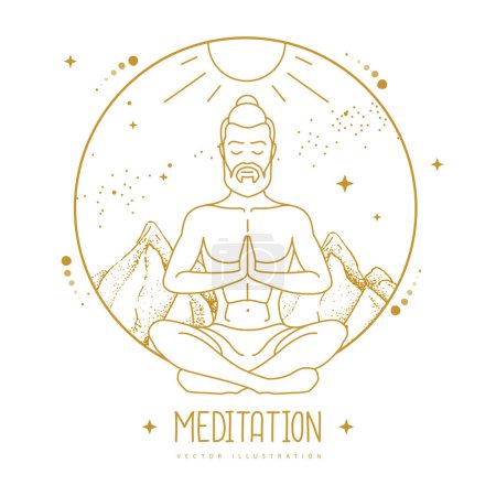 Ilustración de Hombre guapo meditación en posición de loto en las montañas con cielo estrellado. Ilustración vectorial - Imagen libre de derechos