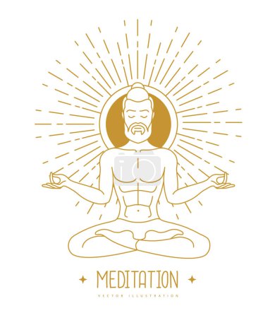 Téléchargez les illustrations : Belle méditation homme en position lotus à l'aube du soleil. Signe astrologique solaire. Illustration vectorielle - en licence libre de droit