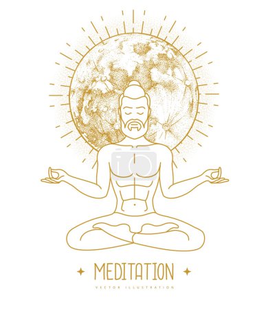 Illustration for Handsome man meditation in lotus position with full moon. Moon astrology sign. Vector illustration - Royalty Free Image