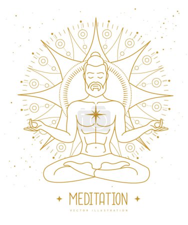 Illustration for Handsome man meditation in lotus position at the sun dawn. Sun astrology sign. Vector illustration - Royalty Free Image