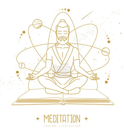 Illustration for Handsome man meditation in lotus position on outer space background. Vector illustration - Royalty Free Image