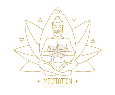 Ilustración de Hombre guapo meditación en posición de loto con cuatro elementos y Éter. Signo de flor de loto. Ilustración vectorial - Imagen libre de derechos