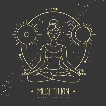 Illustration for Woman meditation in lotus position with astrology sun and moon sign. Vector illustration - Royalty Free Image