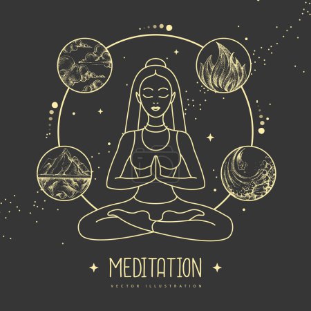 Ilustración de Mujer joven meditación en posición de loto con los cuatro elementos. Ilustración vectorial - Imagen libre de derechos