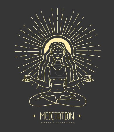 Ilustración de Mujer joven meditación en posición de loto al amanecer. Signo de astrología solar. Ilustración vectorial - Imagen libre de derechos