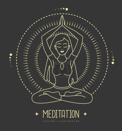 Illustration for Young Woman meditation in lotus position in the rays of the rising sun.  Sun astrology sign. Vector illustration - Royalty Free Image