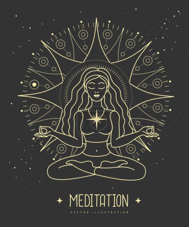 Illustration for Young Woman meditation in lotus position at the sun dawn. Sun astrology sign. Vector illustration - Royalty Free Image