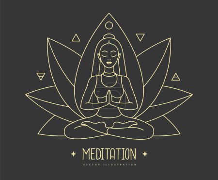 Ilustración de Mujer joven meditación en posición de loto con cuatro elementos y Éter. Signo de flor de loto. Ilustración vectorial - Imagen libre de derechos