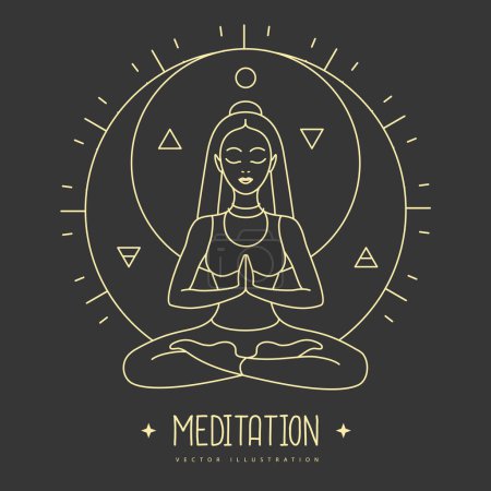 Illustration for Young Woman meditation in lotus position in the rays of the rising sun. Sun and moon astrology sign. Vector illustration - Royalty Free Image