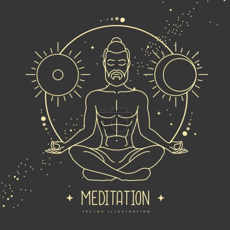 Illustration for Handsome man meditation in lotus position with astrology sun and moon sign. Vector illustration - Royalty Free Image